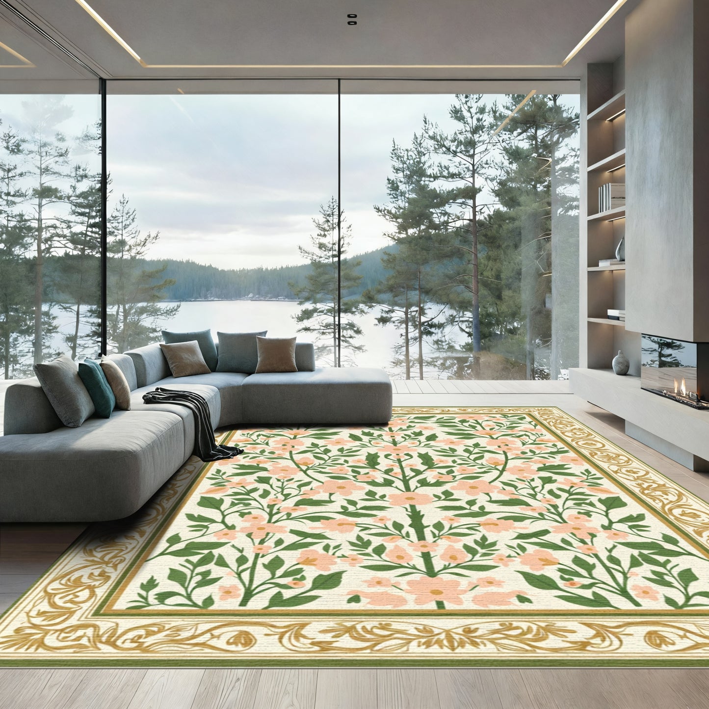 Peach Blossom Greenery Floral Border Rug