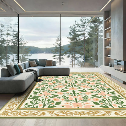 Peach Blossom Greenery Floral Border Rug