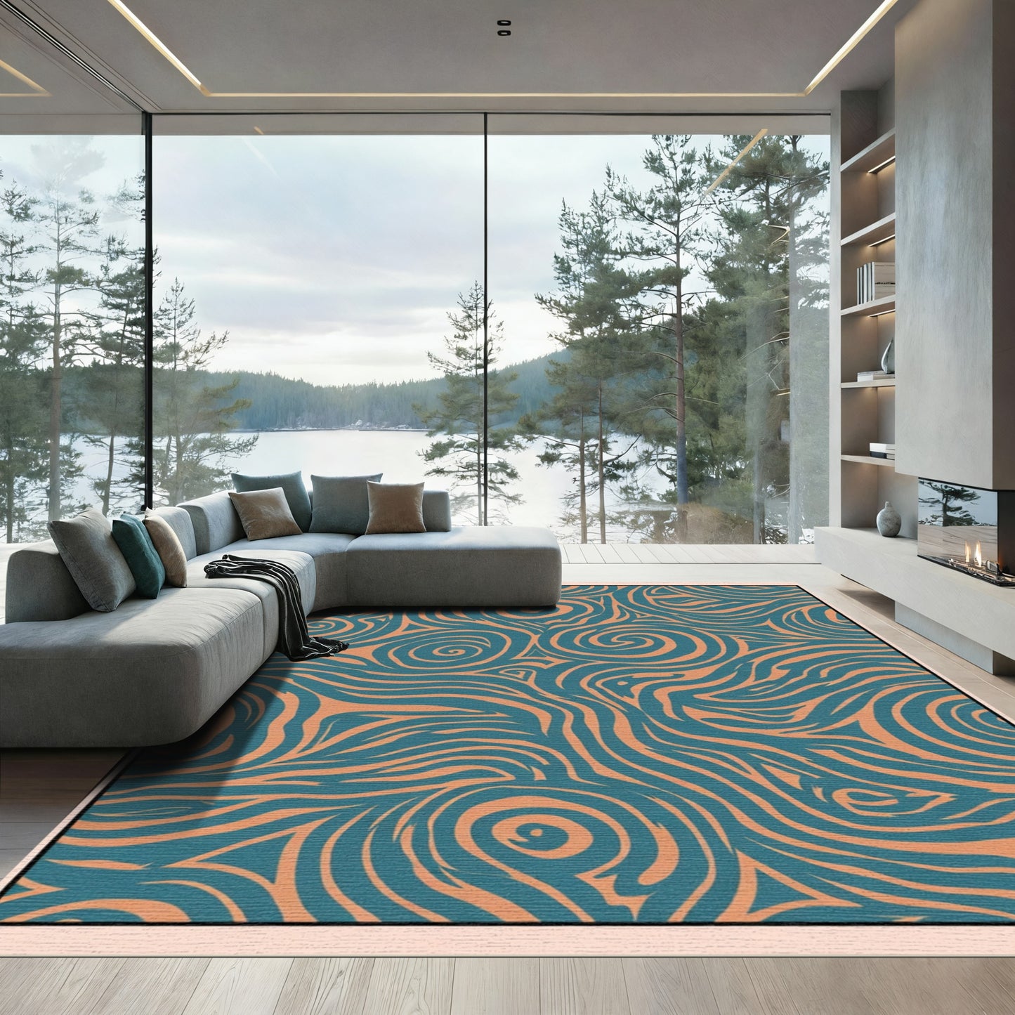 Teal Orange Swirling Organic Lines Rug