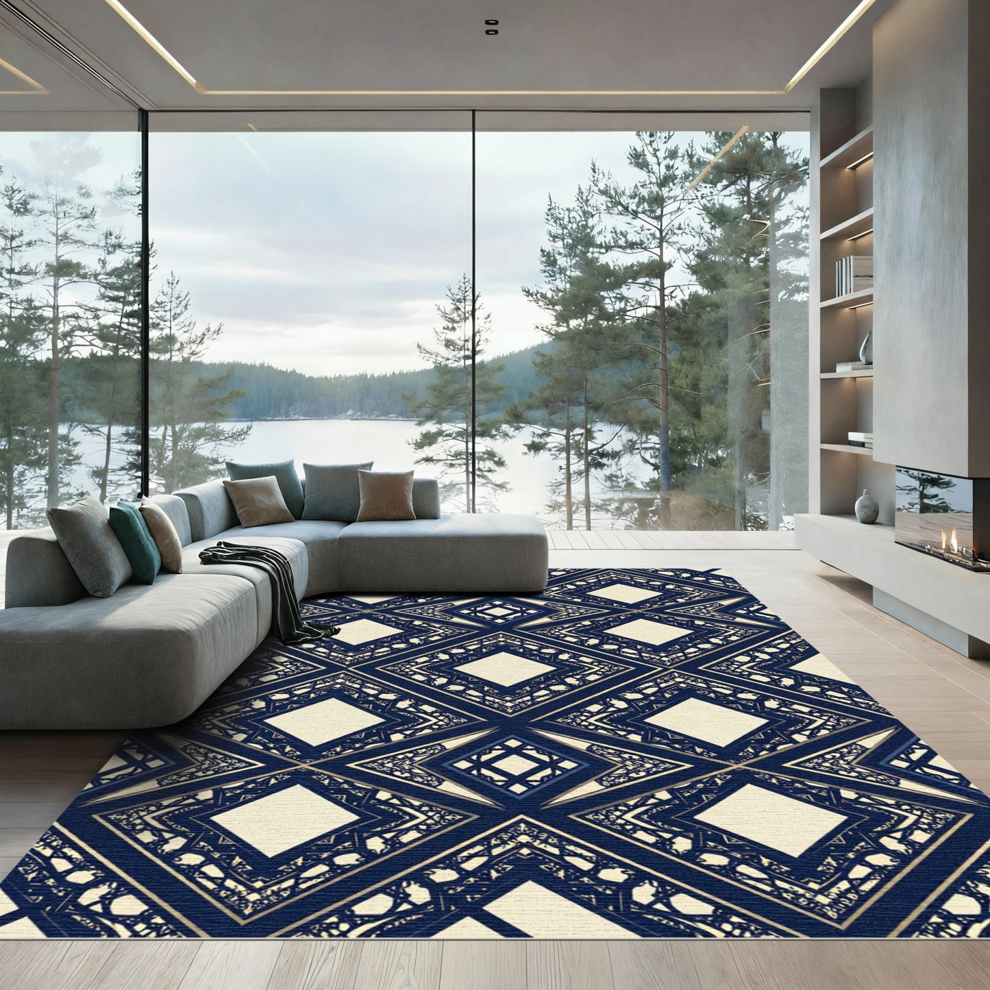 Midnight Navy Geometric Diamond Lattice Rug