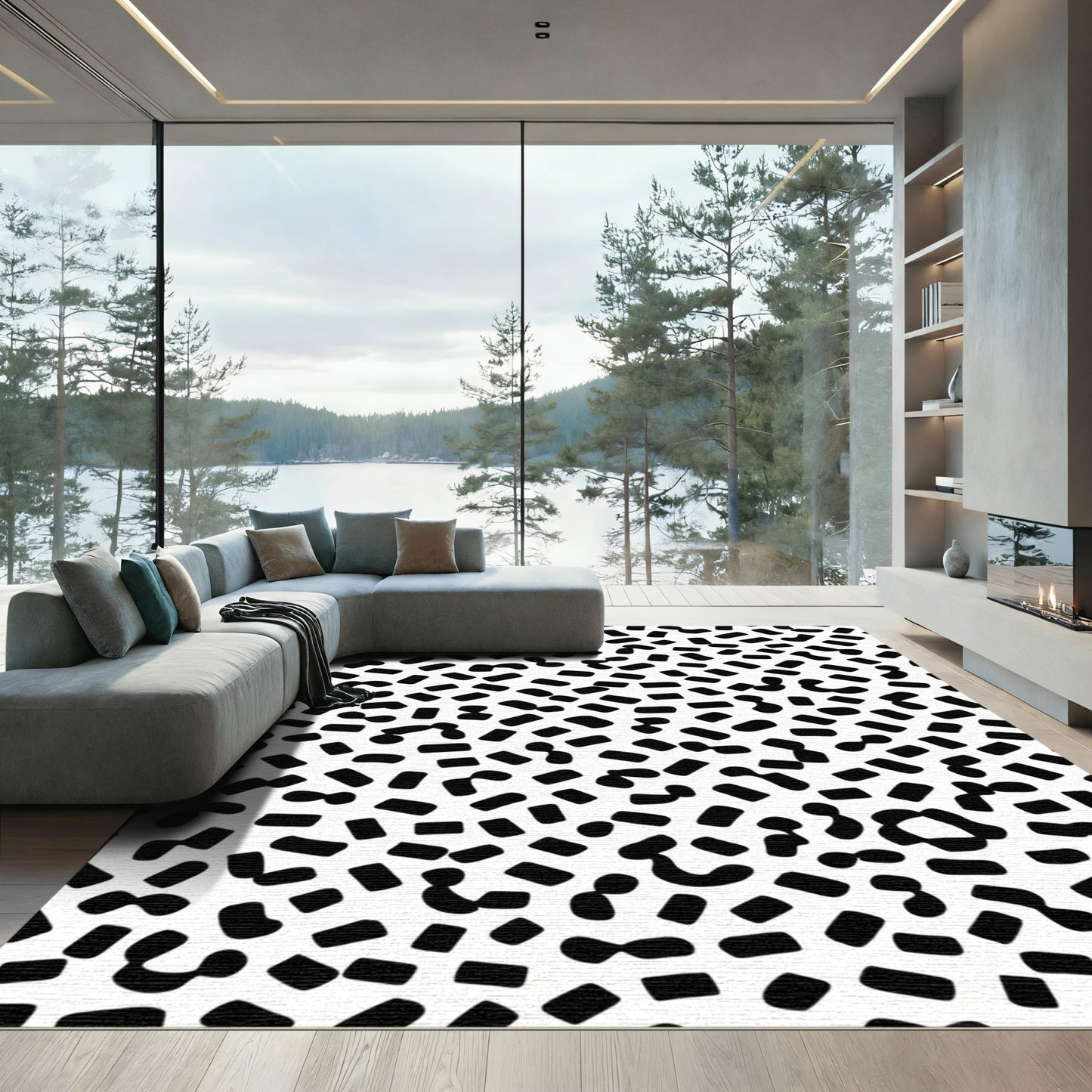 Abstract Black White Scattered Shapes Rug