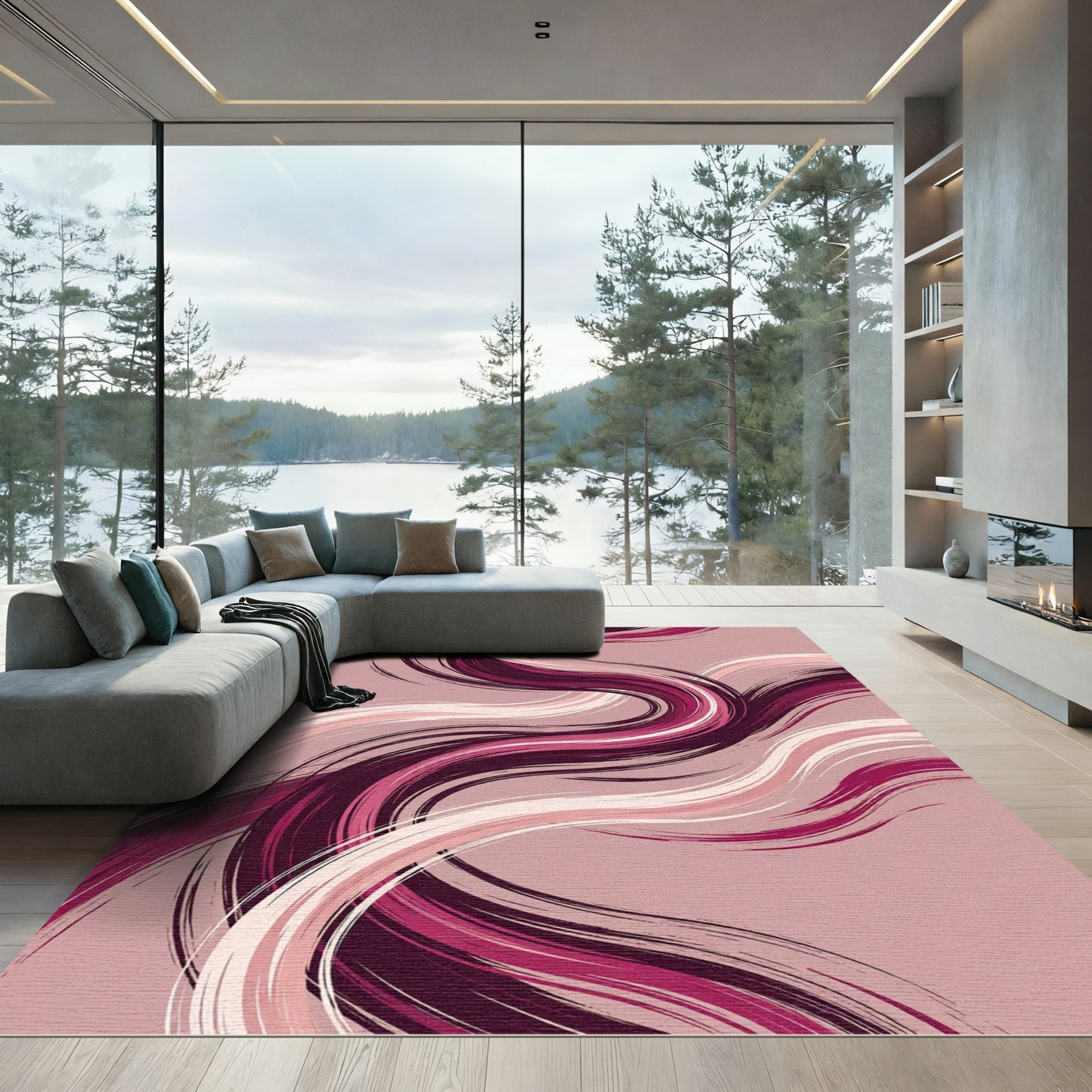 Abstract Burgundy and Pink Swirl Rug
