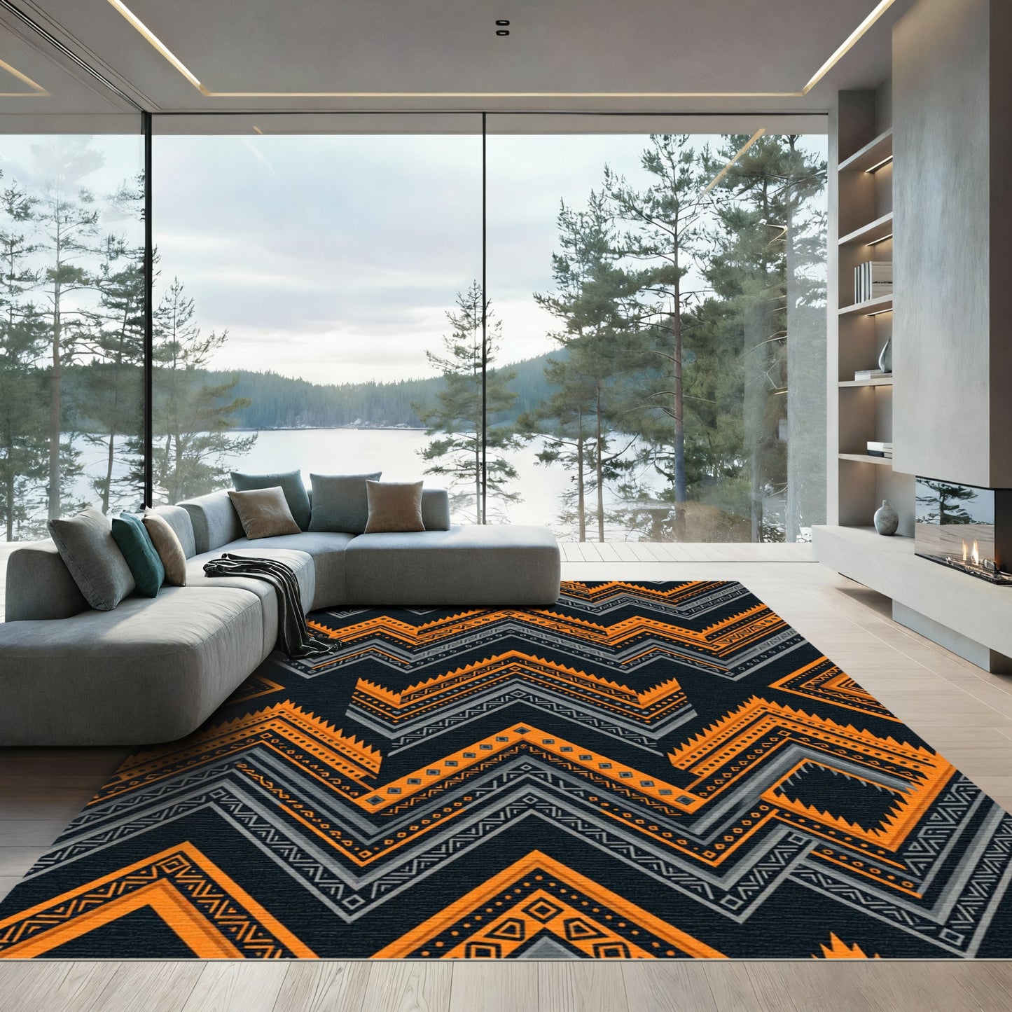 Vibrant Orange Gray Geometric Zigzag Rug