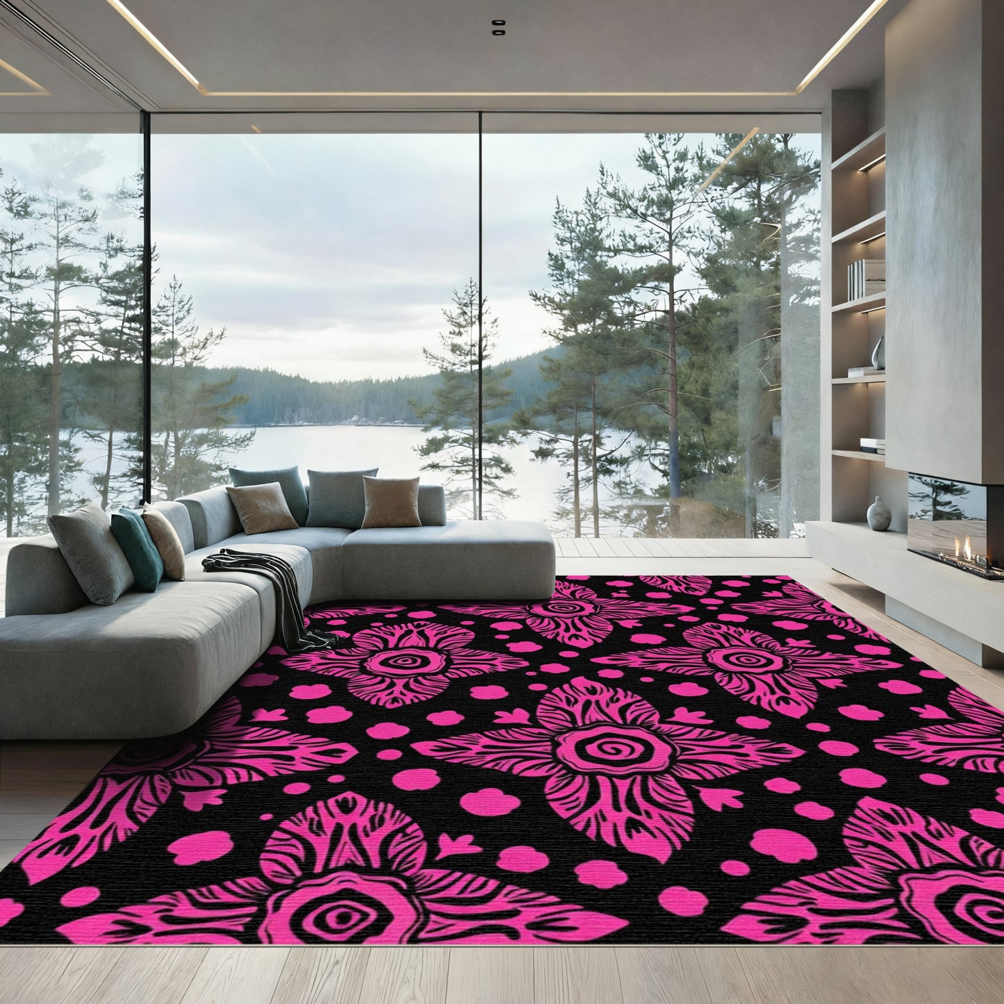 Vibrant Pink Floral Medallion Black Rug