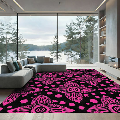 Vibrant Pink Floral Medallion Black Rug