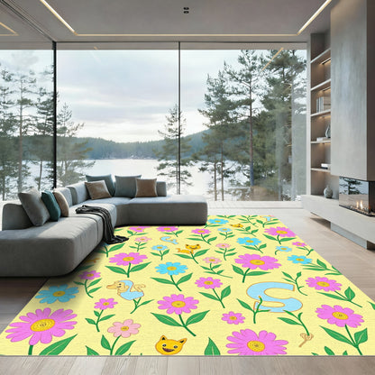 Yellow Floral Cartoon Animals Alphabet Rug