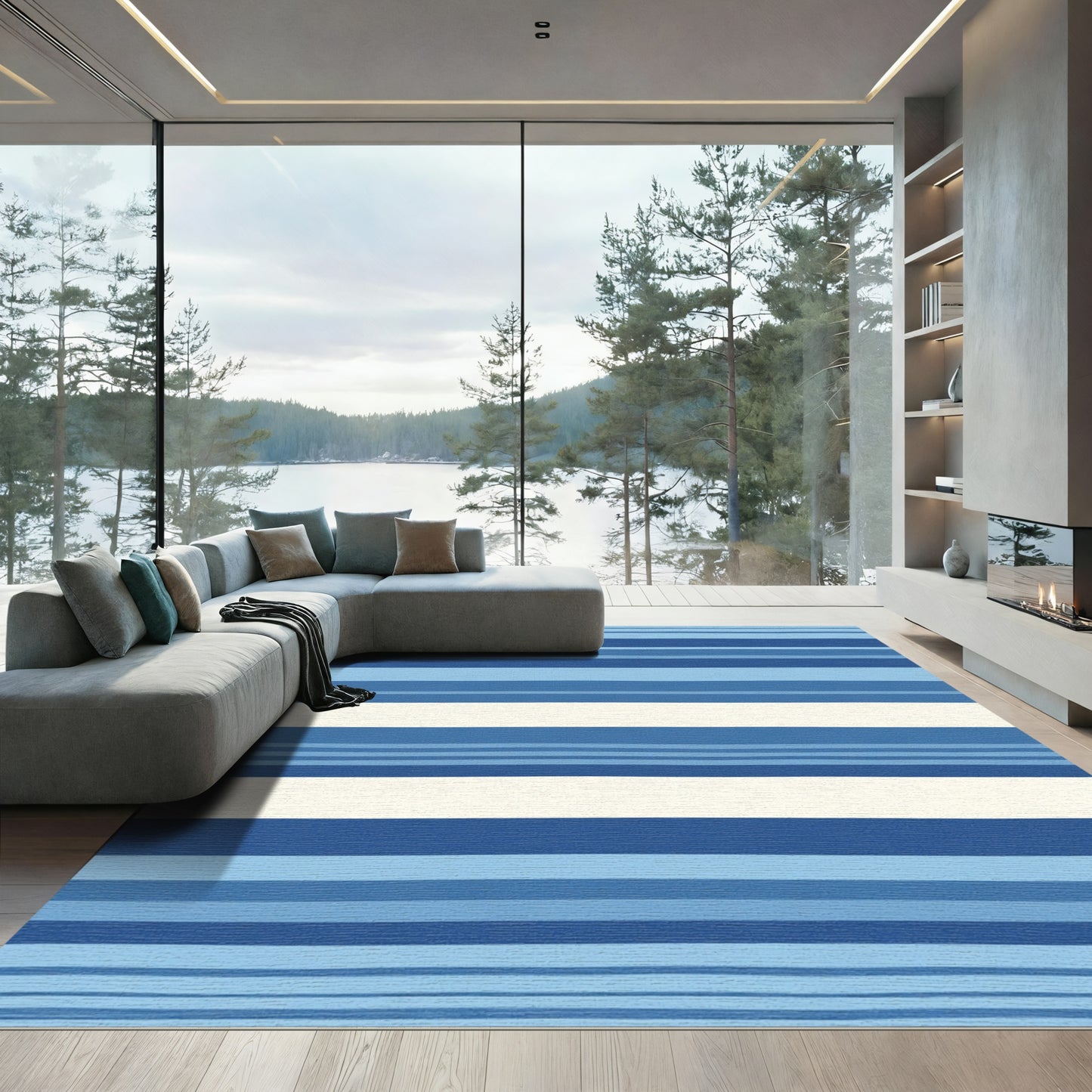 Varying Blue Stripes with Cream Rug