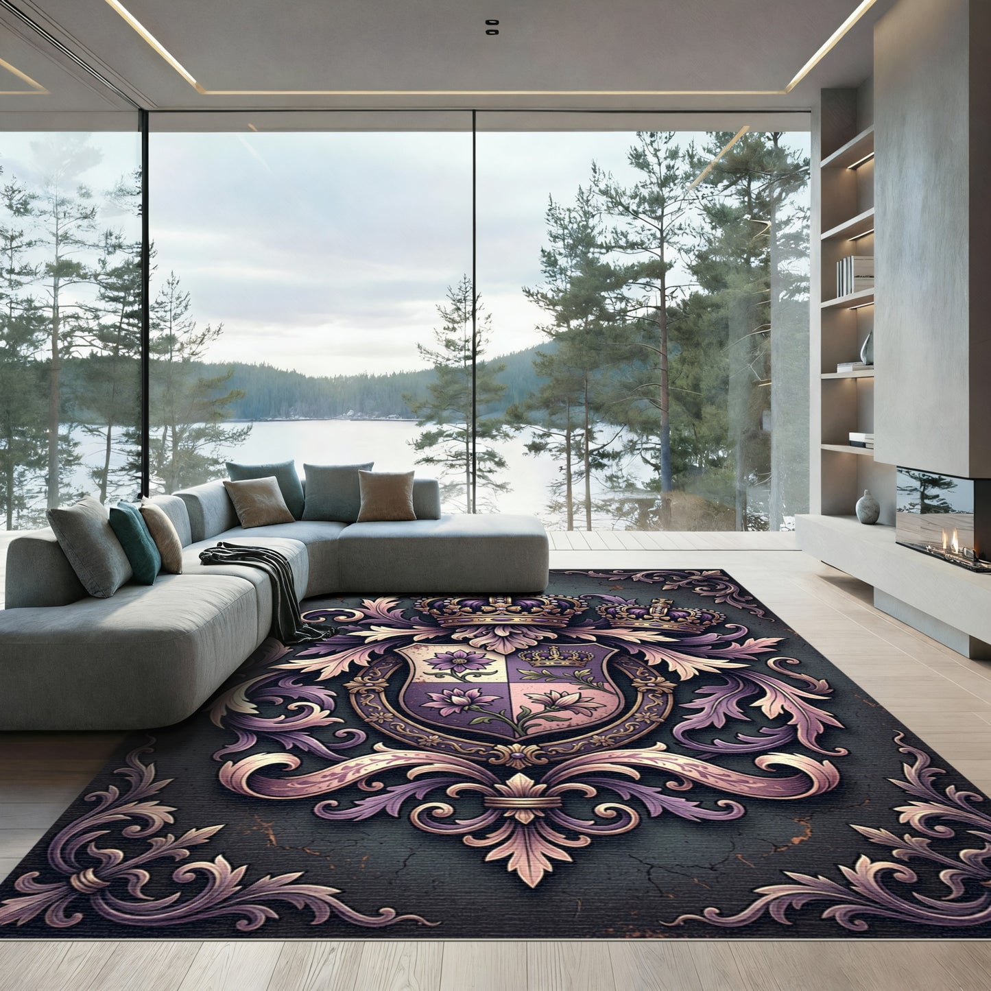 Regal Purple Floral Emblazoned Crest Rug