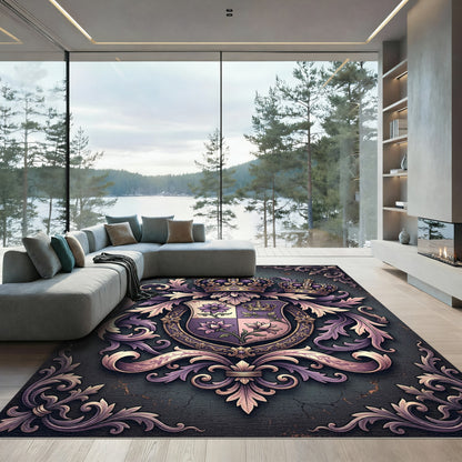 Regal Purple Floral Emblazoned Crest Rug