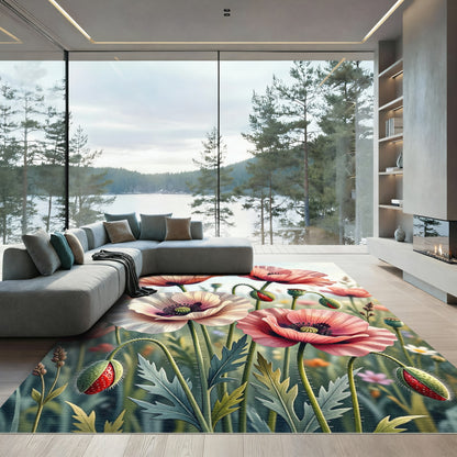 Soft Pastel Poppy Meadow Illustration Rug