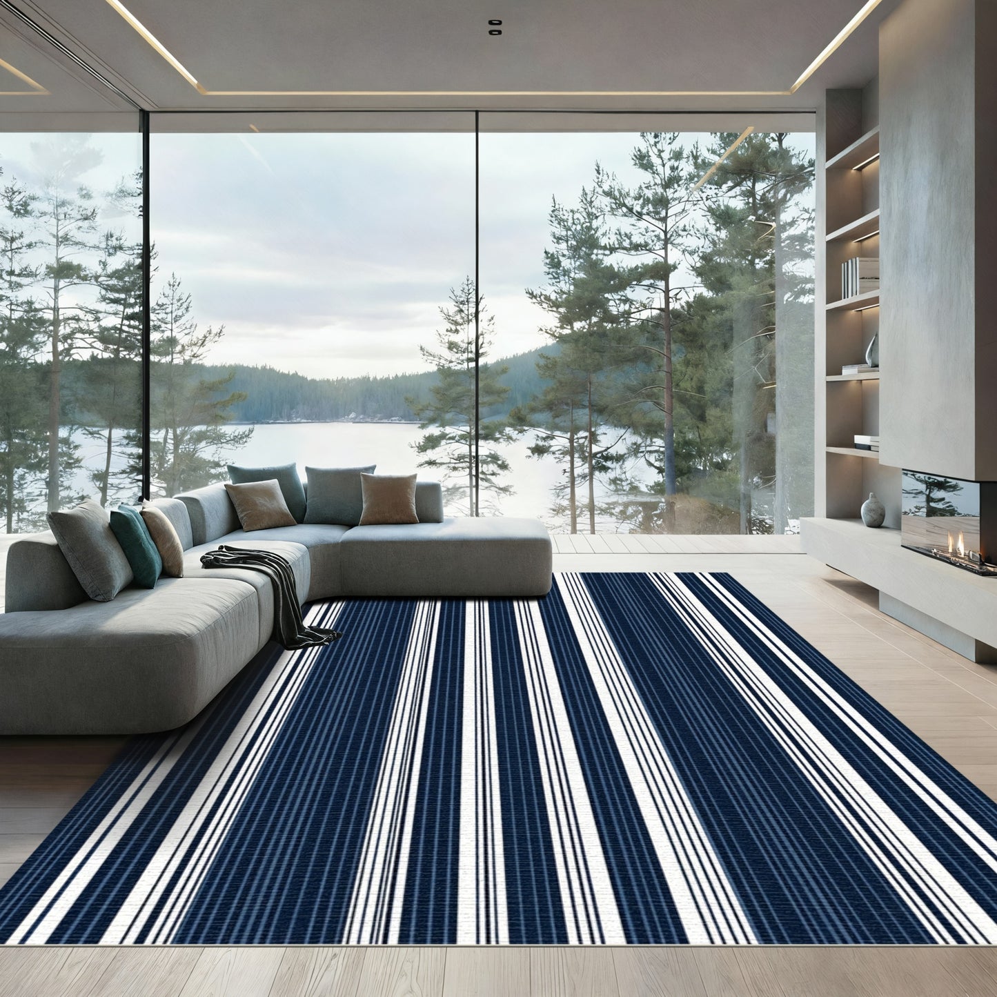 Deep Navy White Vertical Stripe Rug