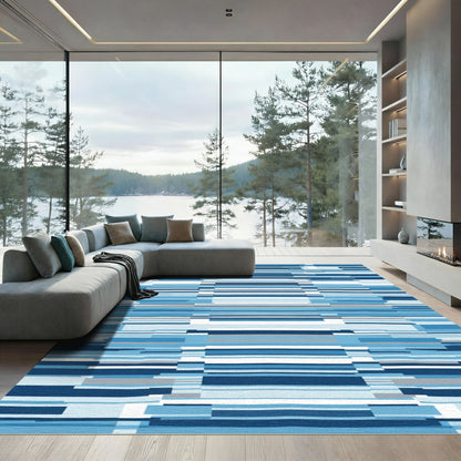 Cool Blue Modern Horizontal Stripe Rug