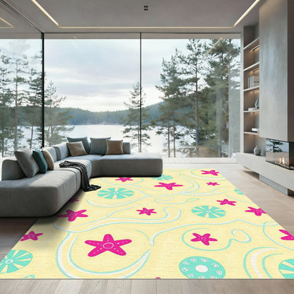 Pink Starfish Aqua Circles Yellow Waves Rug