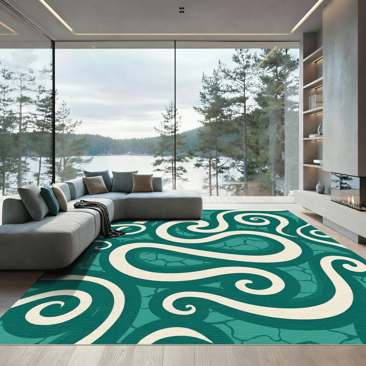 Cream Swirls Teal Aquatic Abstract Rug