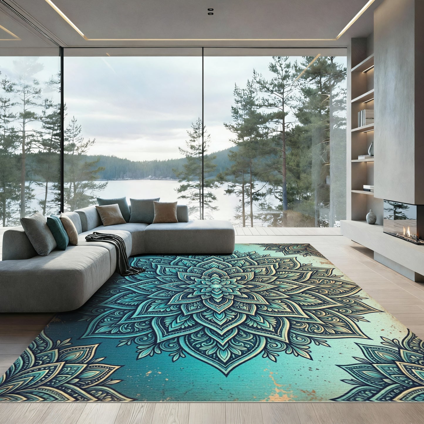Teal Ombre Botanical Mandala Medallion Rug