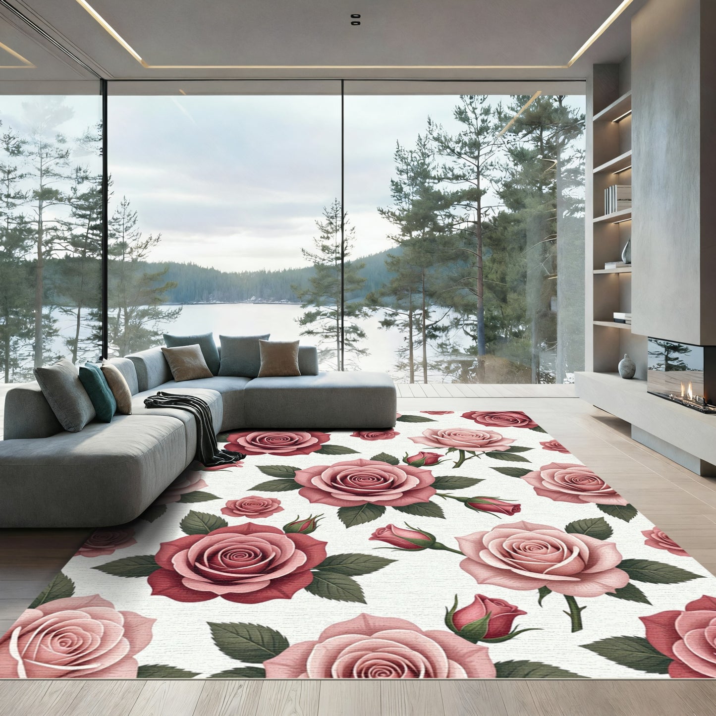 Elegant Dusty Rose Botanical Floral Rug