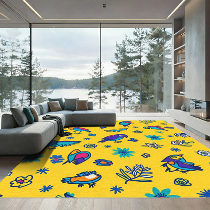 Yellow Floral Bird Sketch Collection Rug
