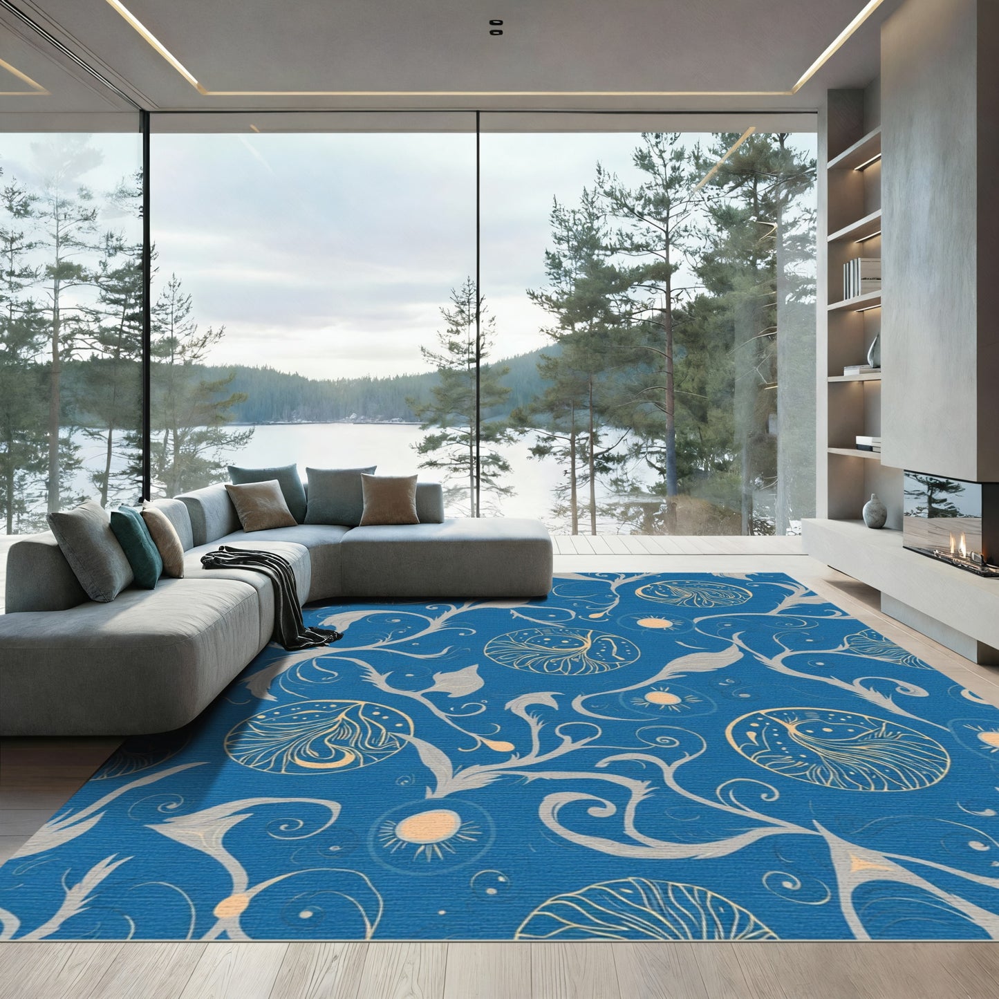 Azure Blue Floral Sun Medallions Rug