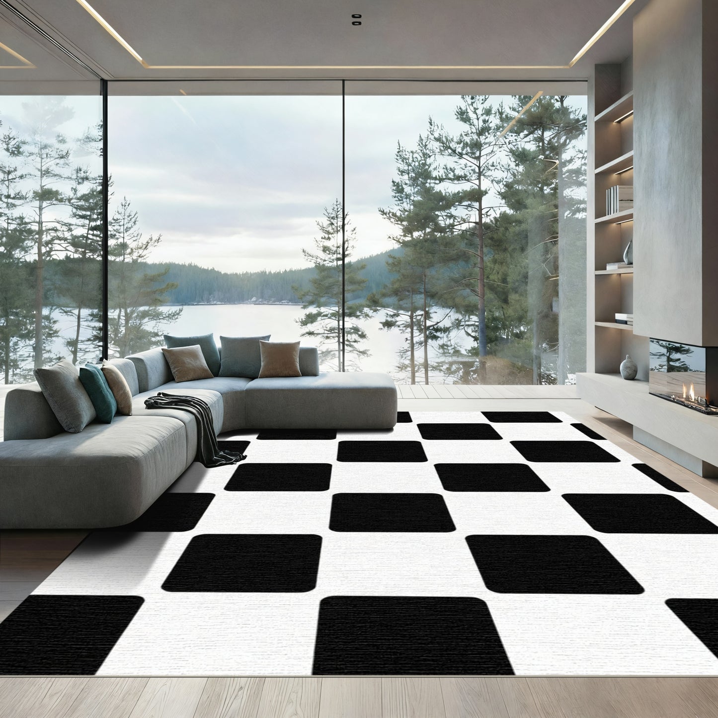 Monochromatic Checkerboard Square Composition Rug