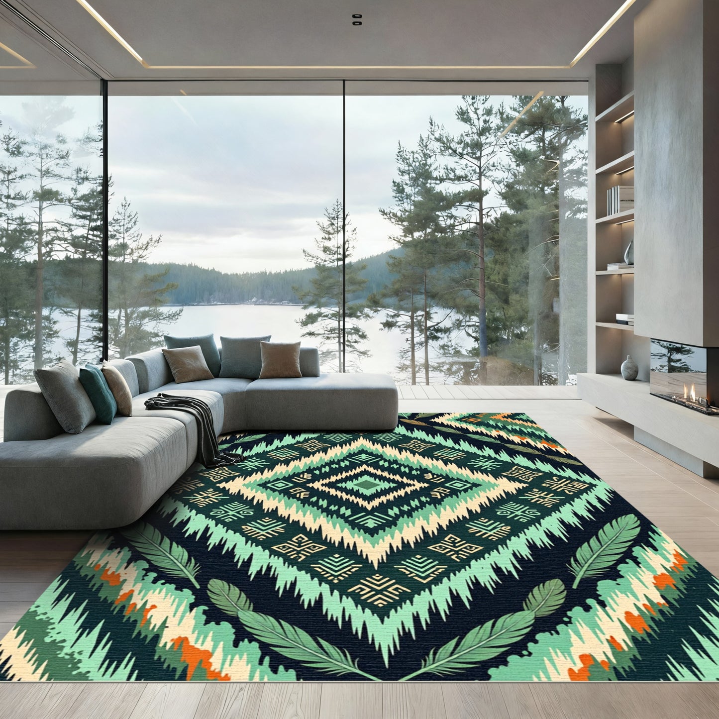 Teal Feathered Diamond Tribal Rug