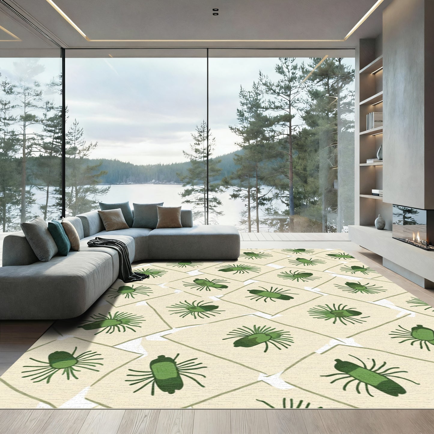 Green Spiky Forms Scattered Layout Rug