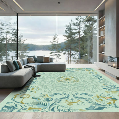 Muted Teal Golden Floral Scroll Rug