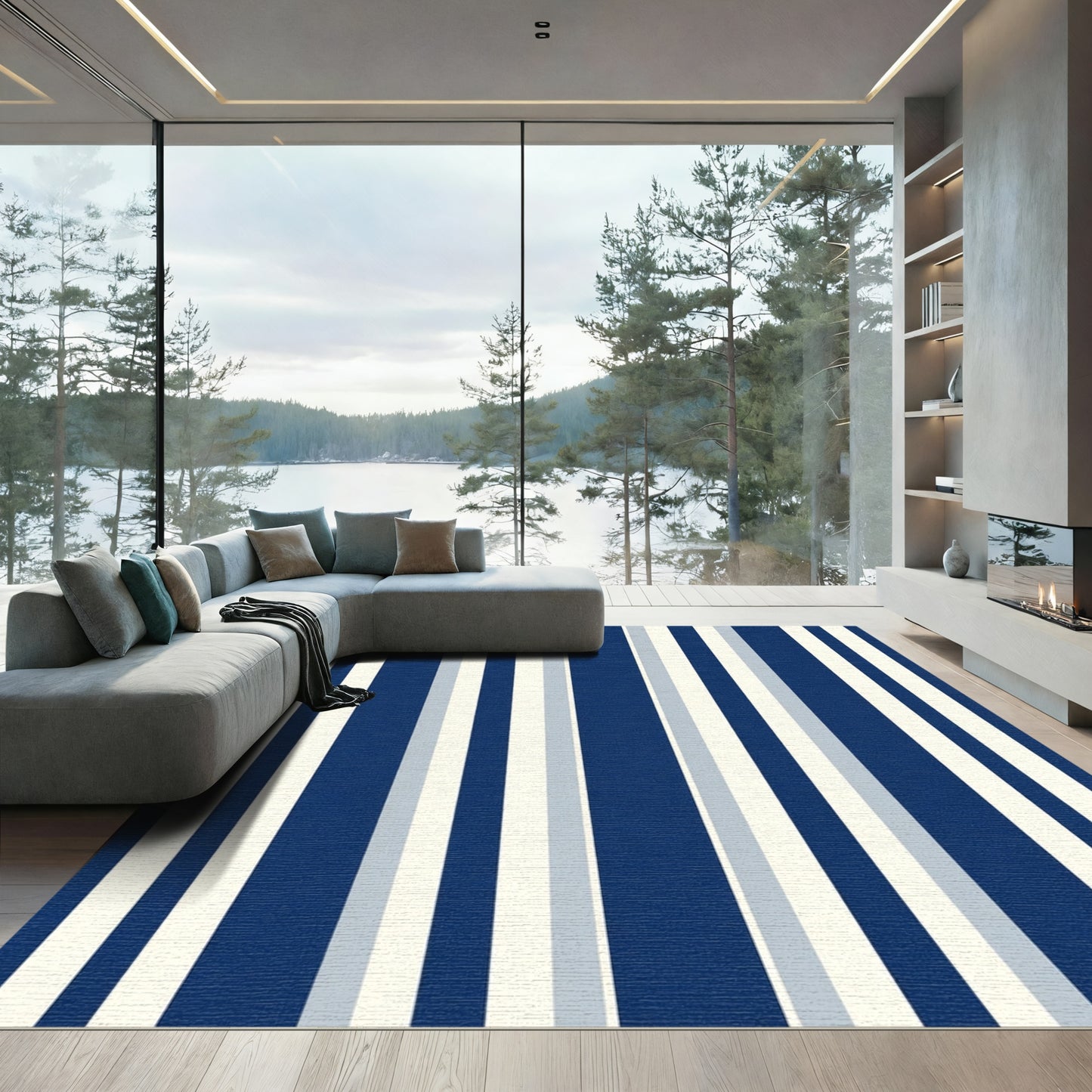 Classic Navy White Gray Stripes Rug