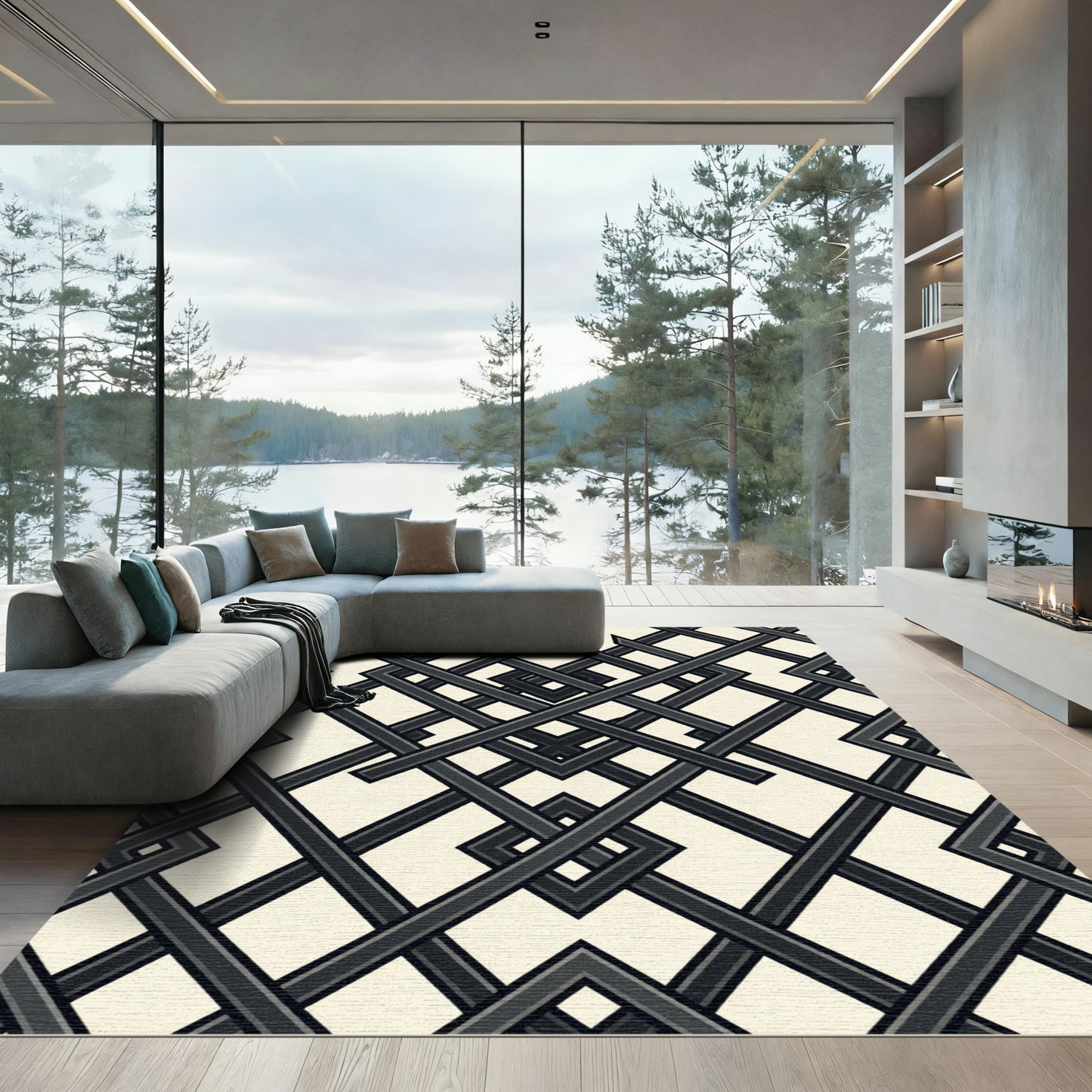 Sophisticated Charcoal Interlocking Geometric Grid Rug