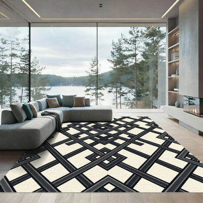 Sophisticated Charcoal Interlocking Geometric Grid Rug