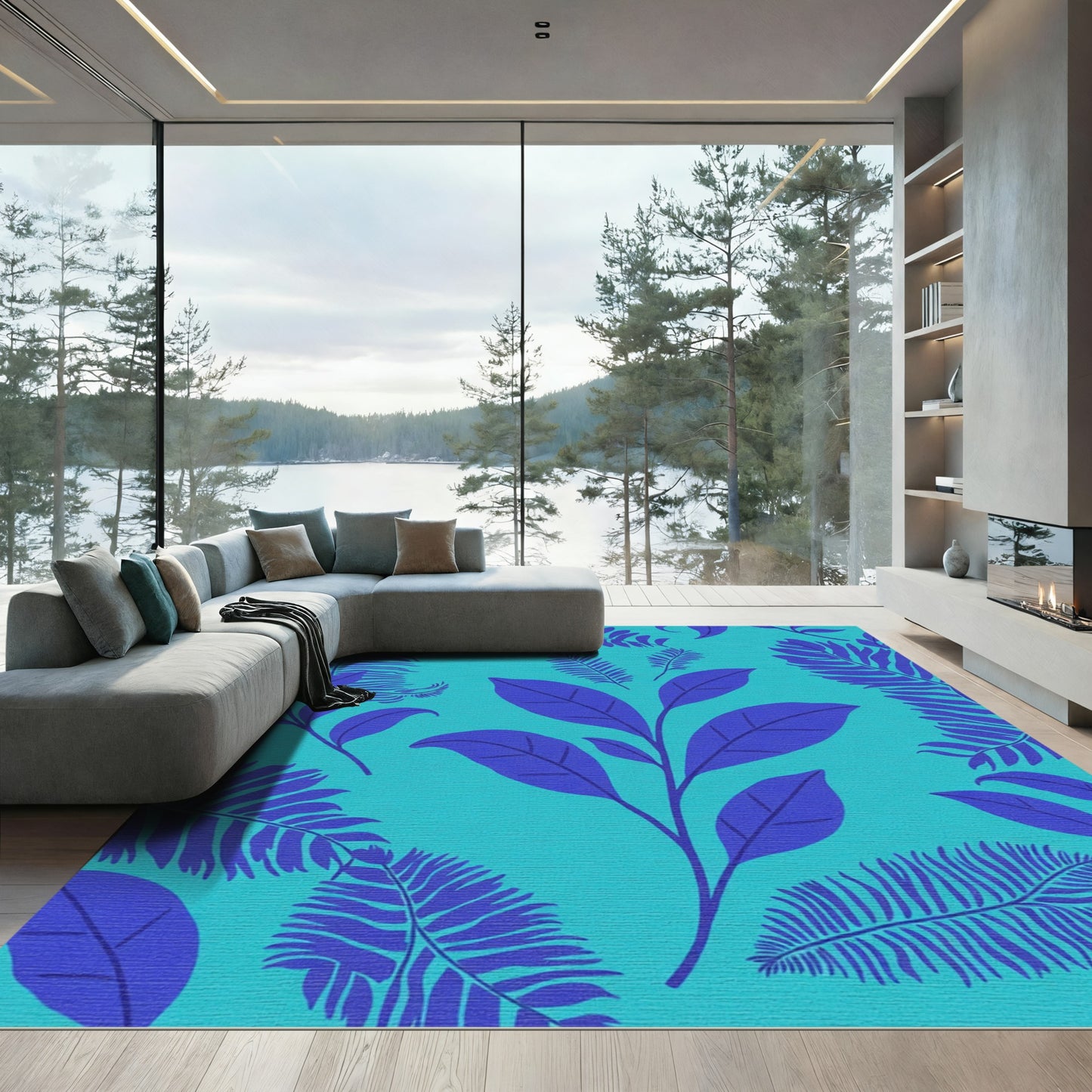 Deep Blue Fern Foliage Teal Rug