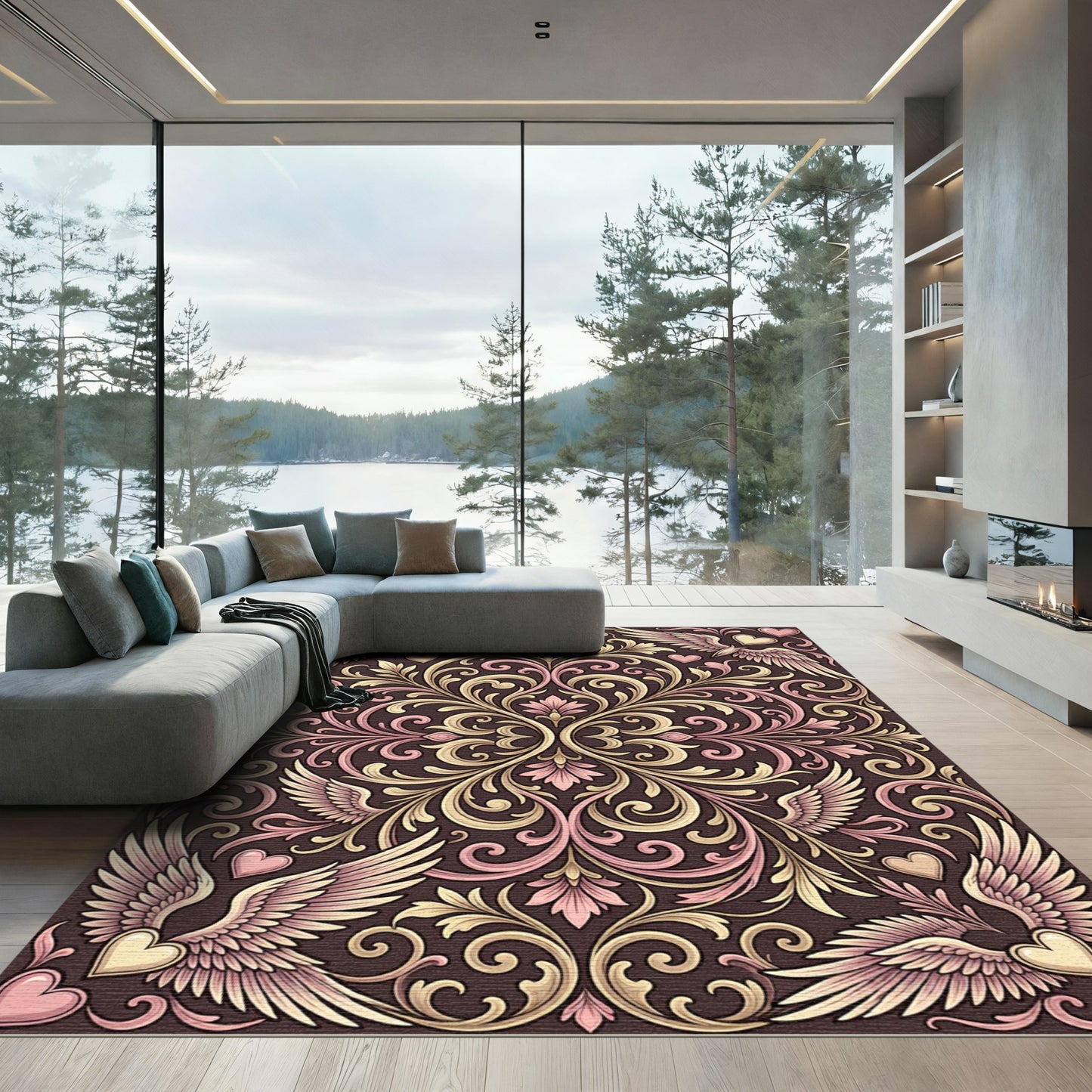 Romantic Winged Hearts Floral Scroll Rug