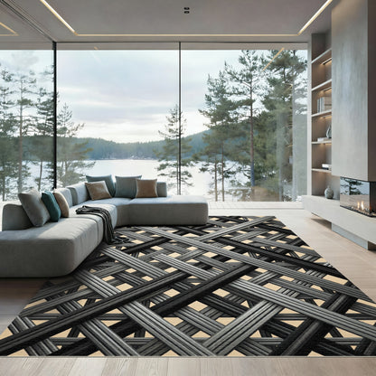 Modern Interwoven Charcoal Geometric Grid Rug