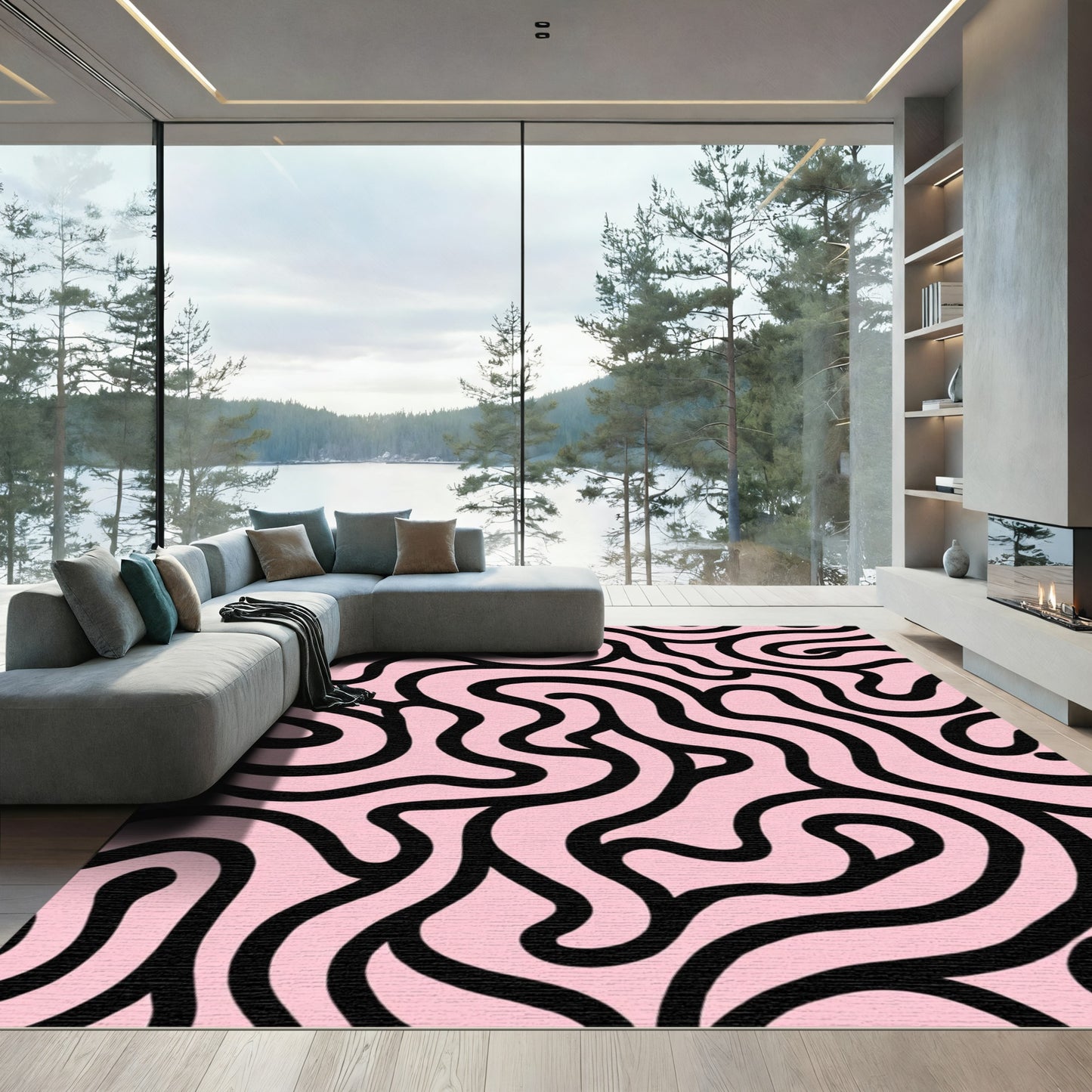 Pink Black Swirl Intertwined Abstract Rug