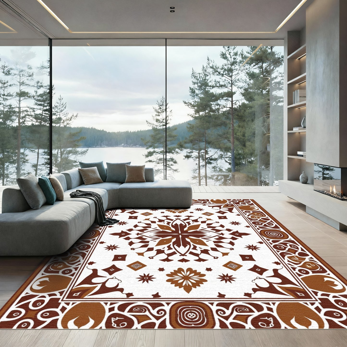 Brown Geometric Floral Mandala Rug