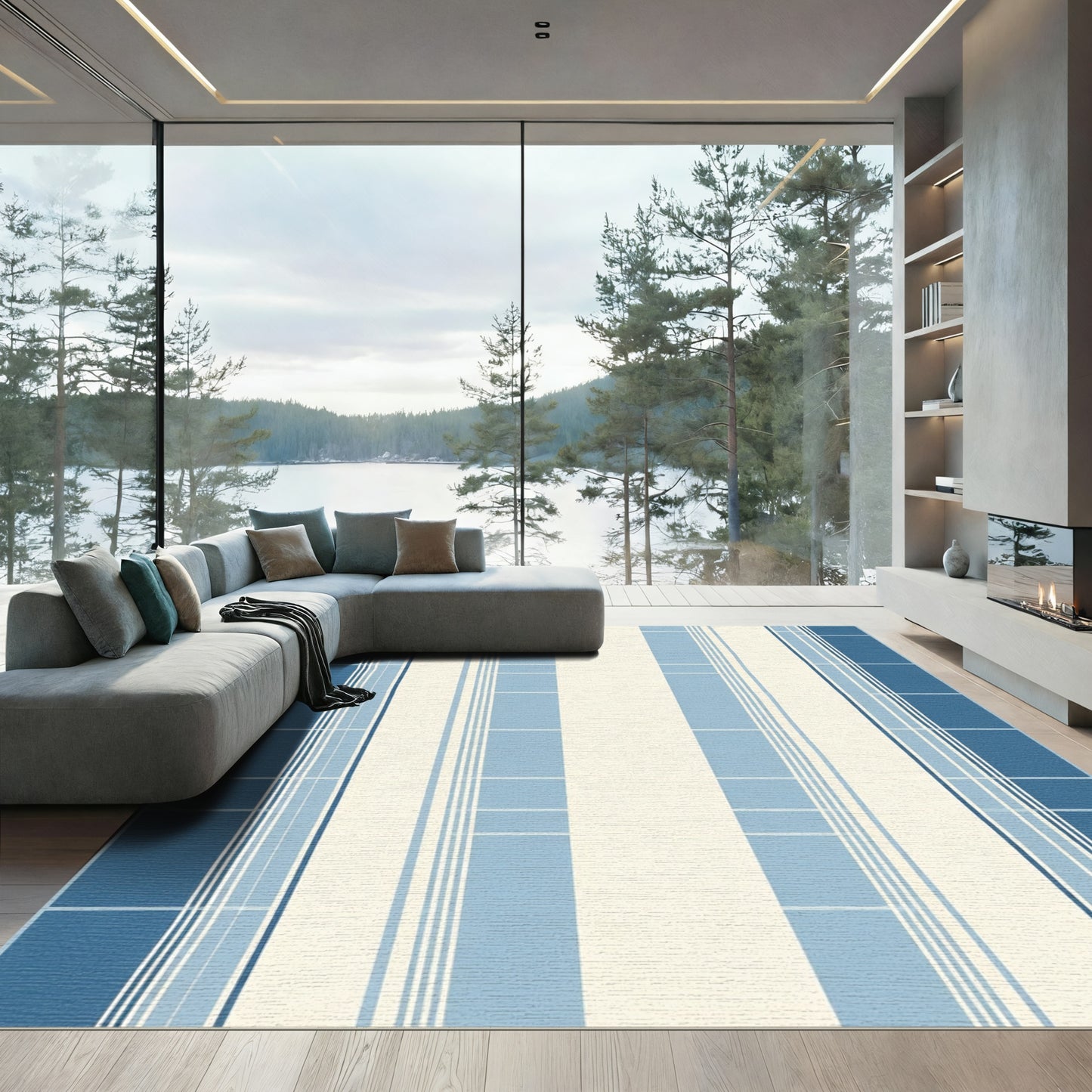 Coastal Blue Striped Windowpane Rug