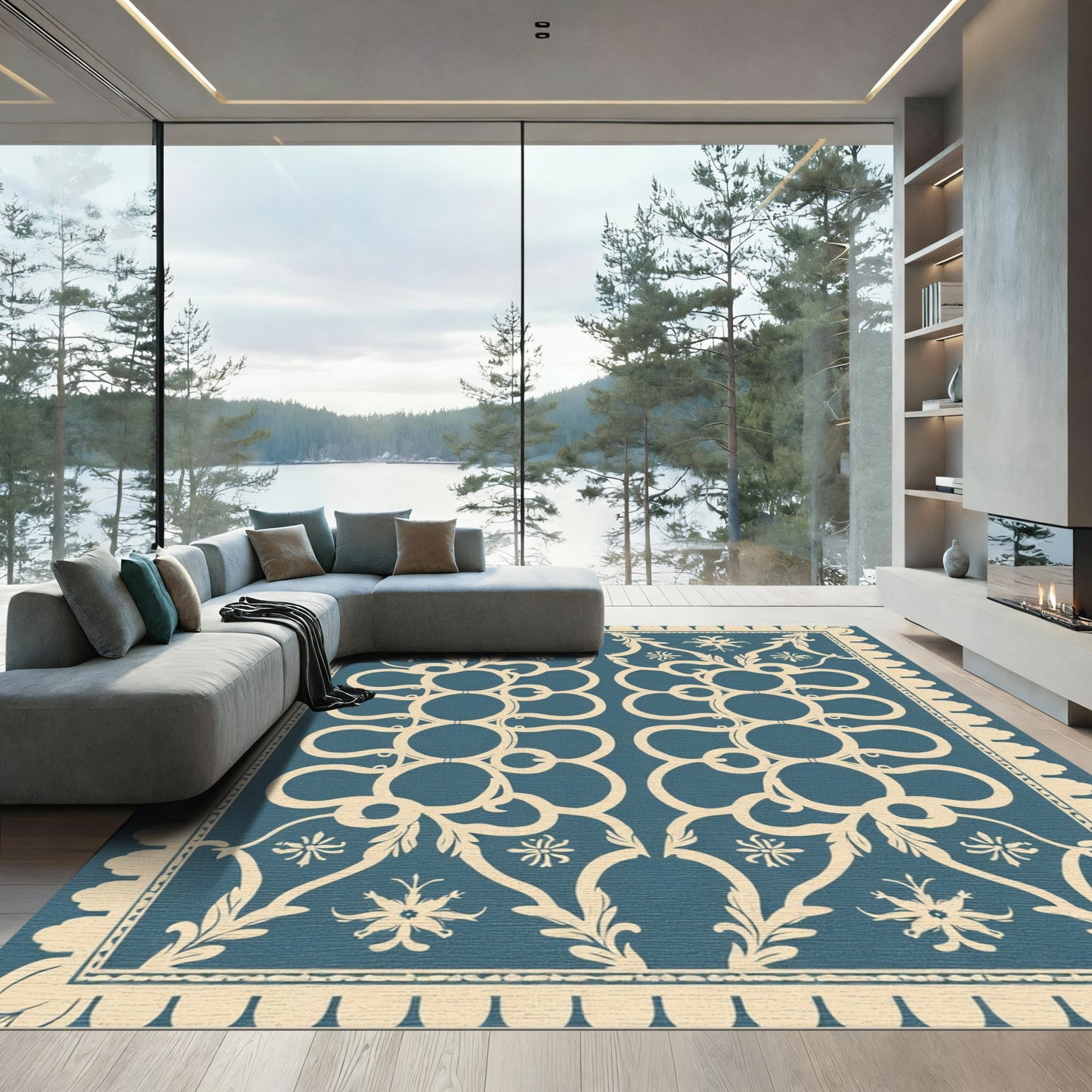 Deep Blue Cream Damask Scroll Rug