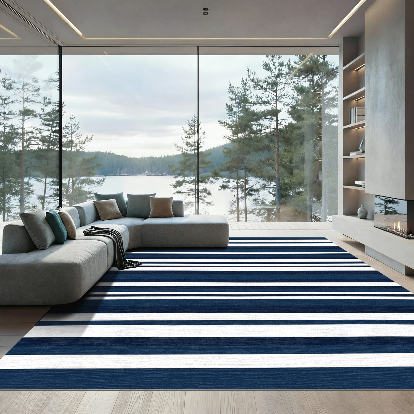 Navy White Striped Modern Textile Rug
