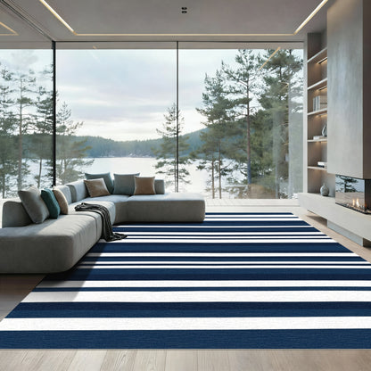 Navy White Striped Modern Textile Rug