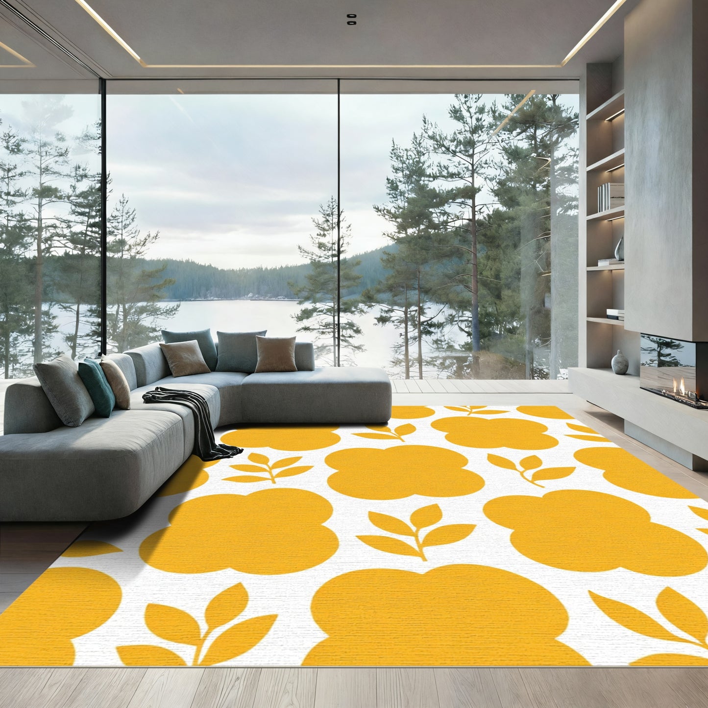 Golden Yellow Cloud Leaf Composition Rug