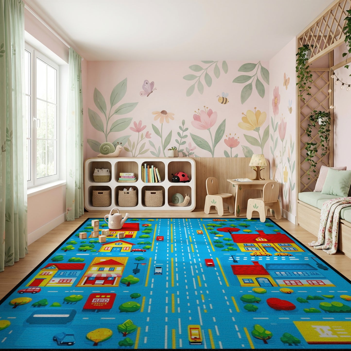 Playful Colorful Village Street Scene Rug