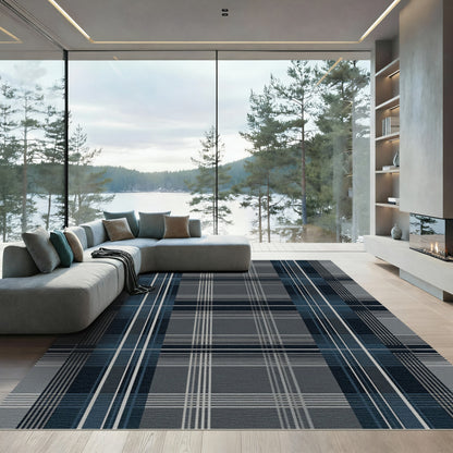 Modern Navy and Charcoal Plaid Grid Rug