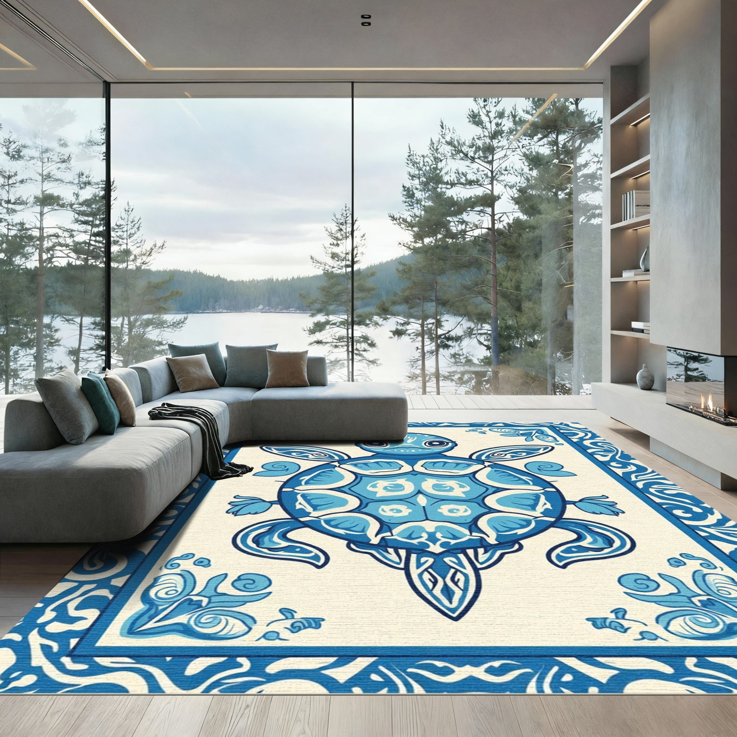 Whimsical Blue Turtle Floral Border Rug