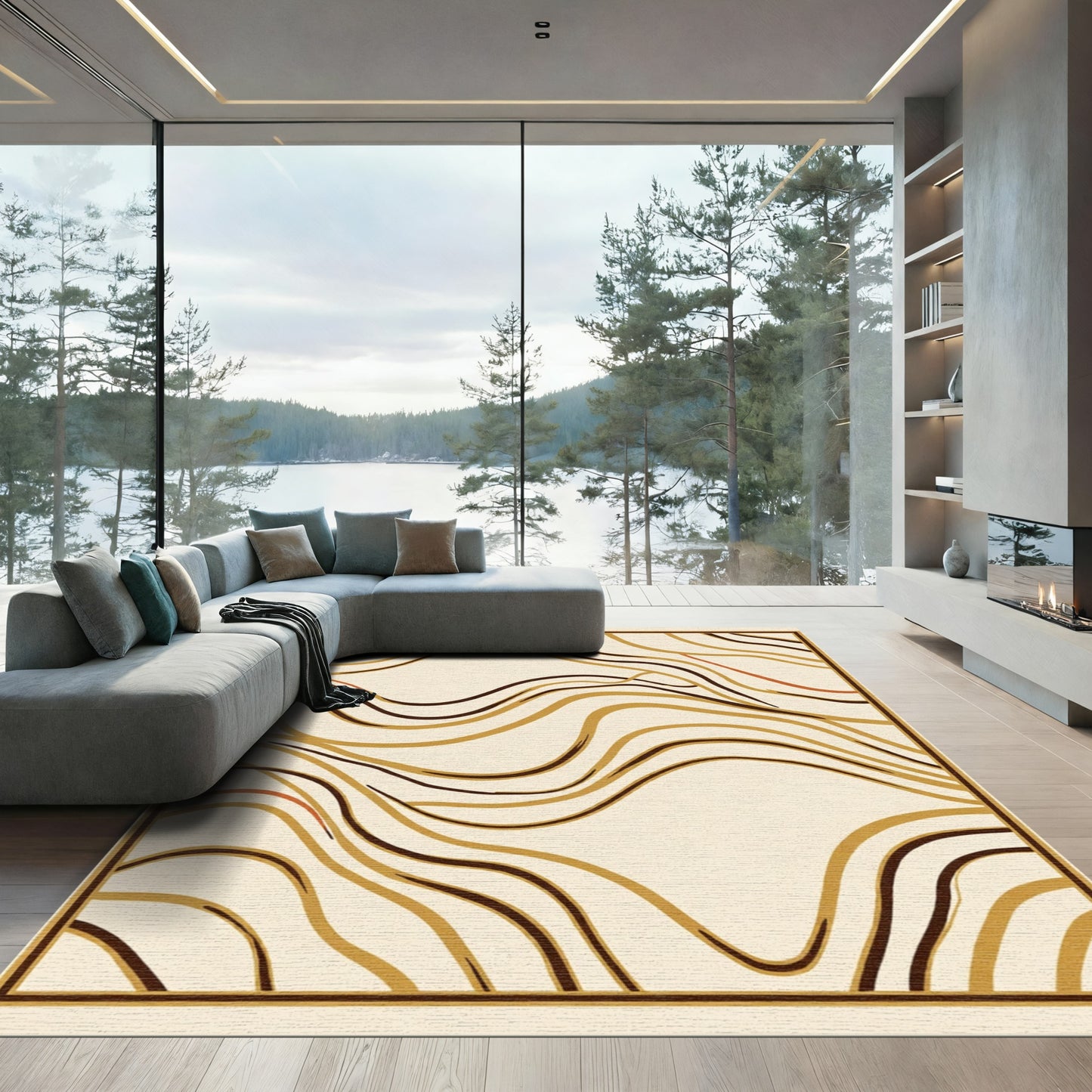 Earthy Tan Abstract Wave Composition Rug