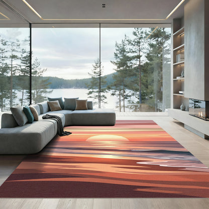 Sunset Horizon Ocean Waves Warm Tones Rug