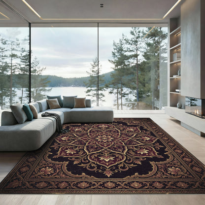 Ornate Deep Burgundy Gold Floral Medallion Rug