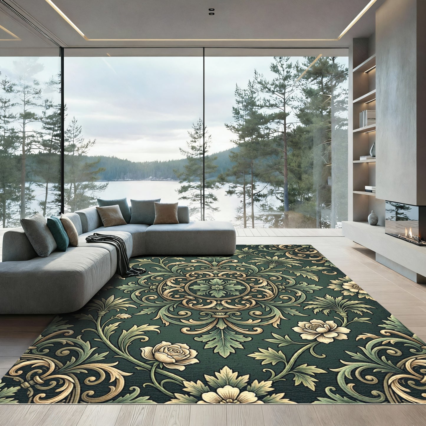 Elegant Dark Green Ornate Floral Medallion Rug