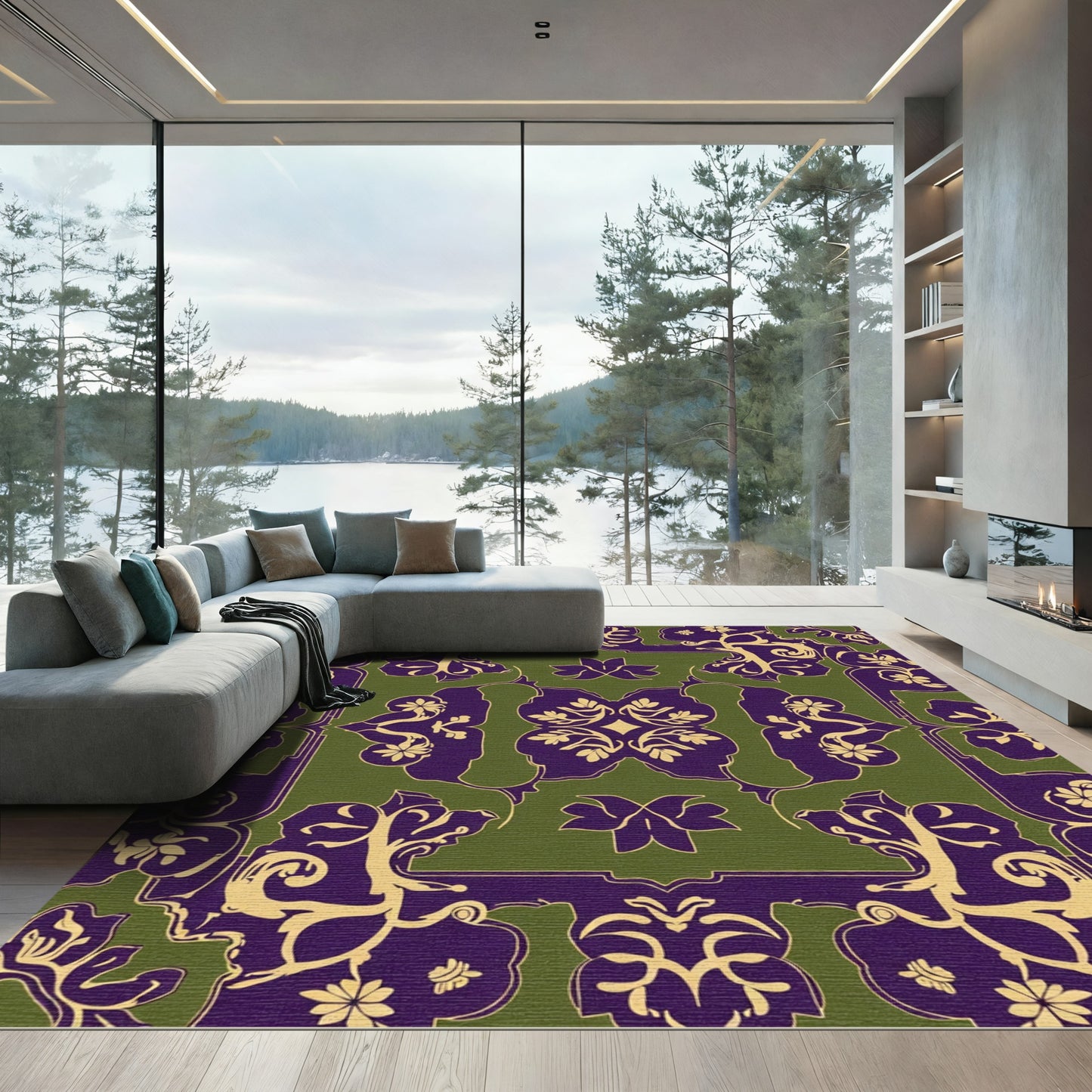 Ornate Plum Green Floral Medallion Rug
