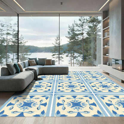Cerulean Blue Floral Square Medallion Rug