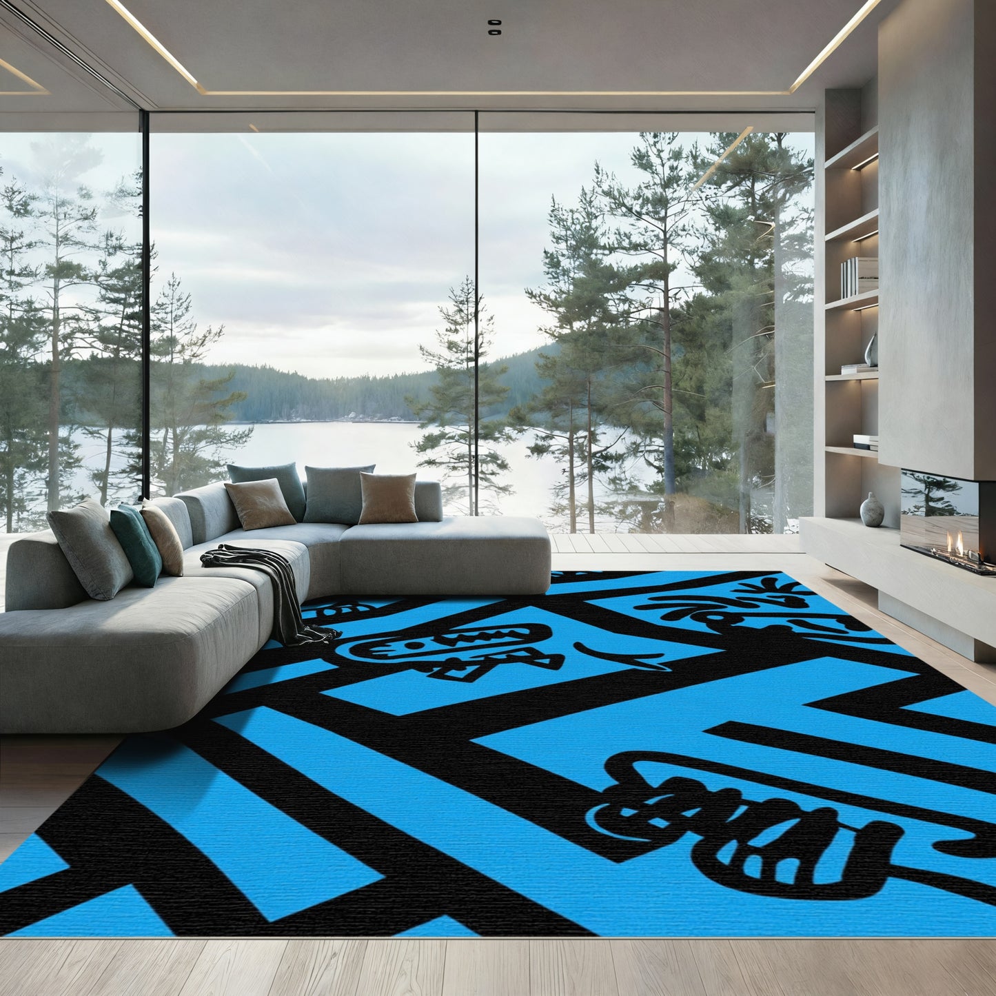 Bold Blue Black Cartoon Creature Rug