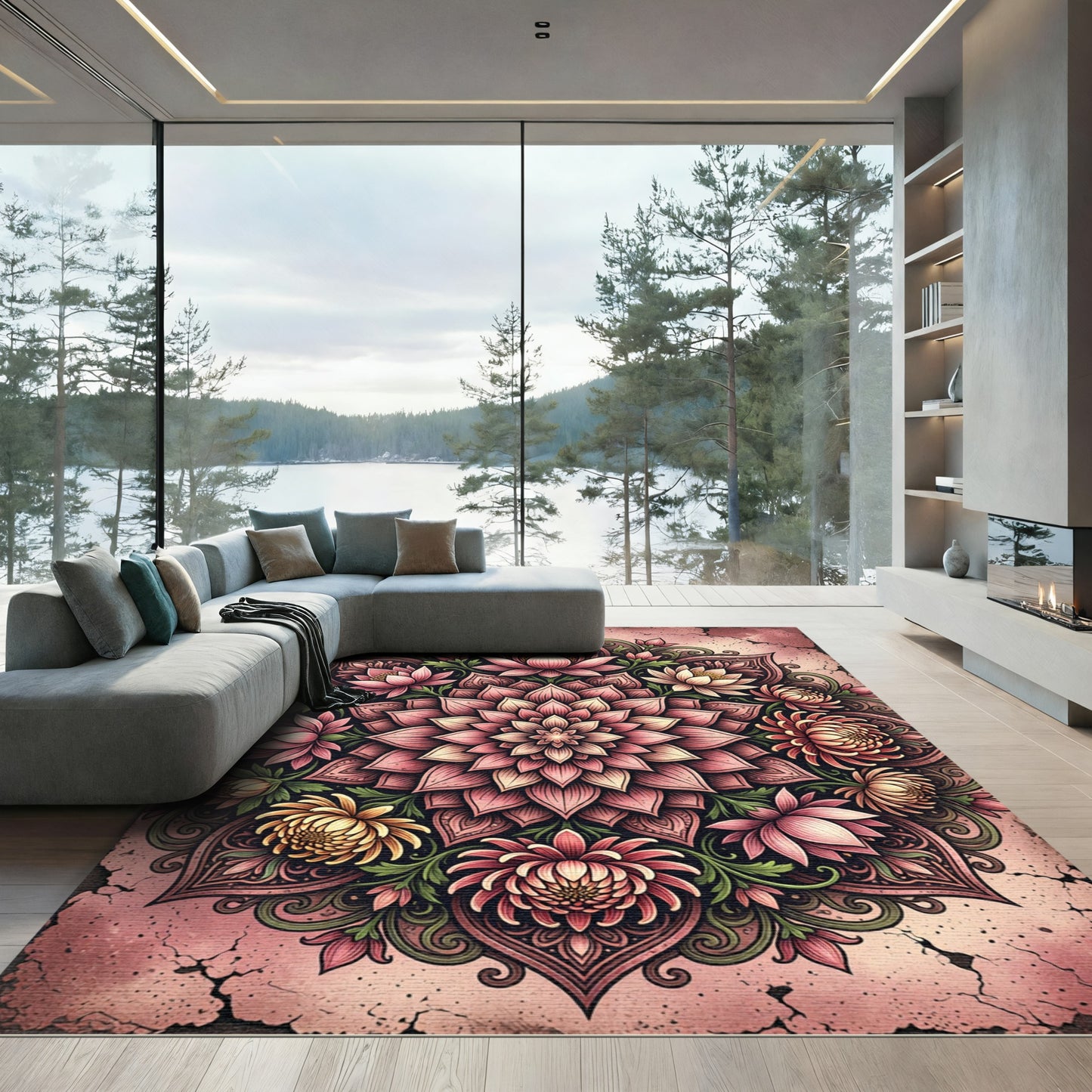 Blushing Lotus Mandala Floral Medallion Rug